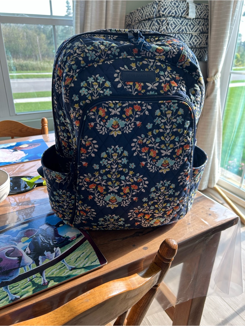 Vera Bradley Navy Floral Quilted Backpack with Multicolor Accents